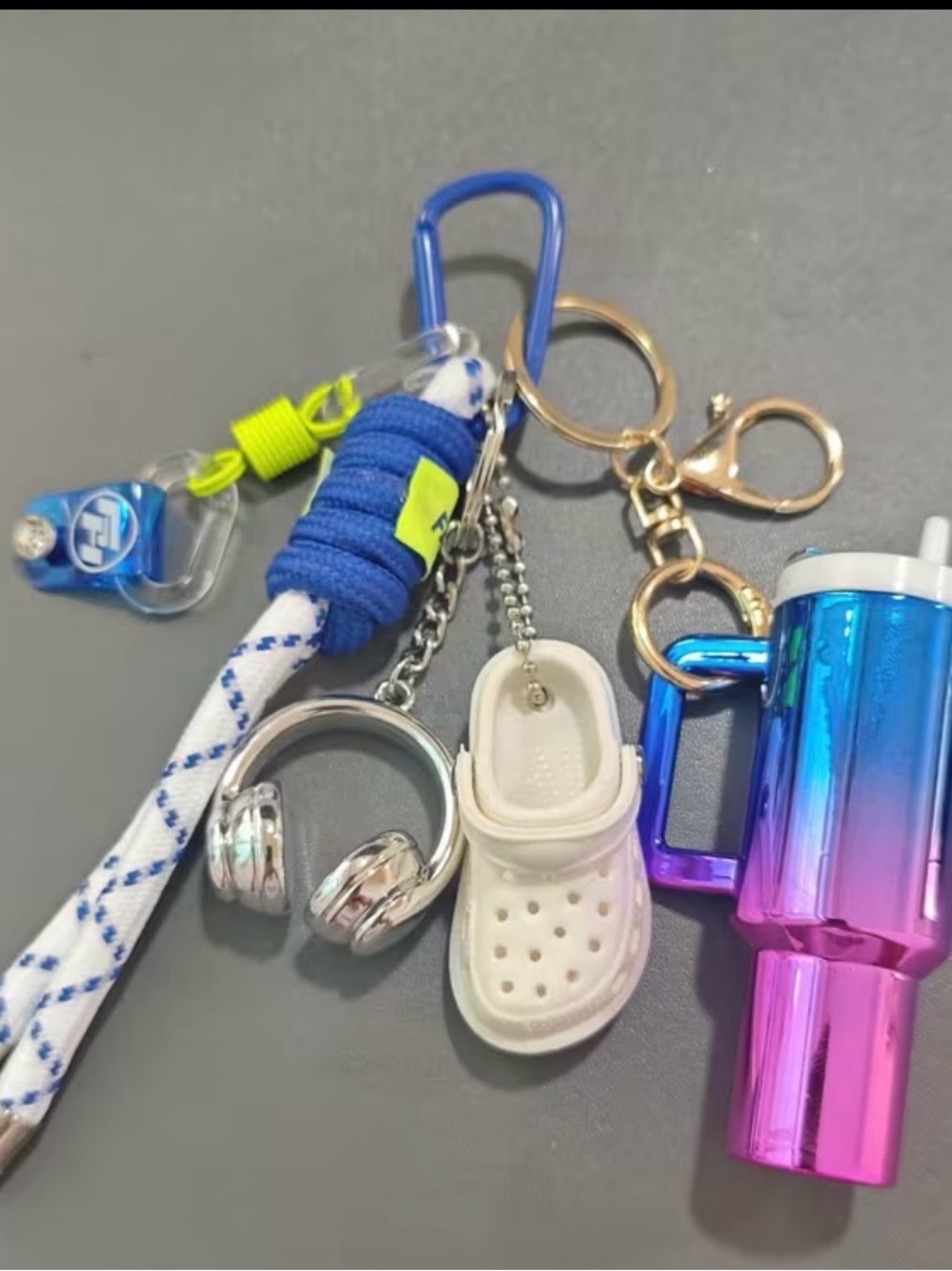 White Mini Clog Keychain Charm with Blue and Metallic Accents